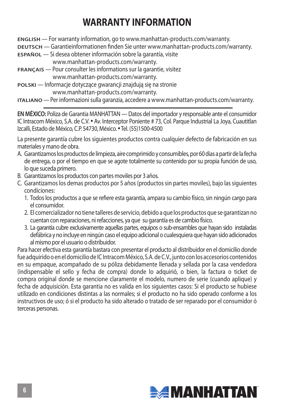 Warranty information | Manhattan 317474 USB to Parallel Printer Converter - Manual (Multi) User Manual | Page 6 / 8