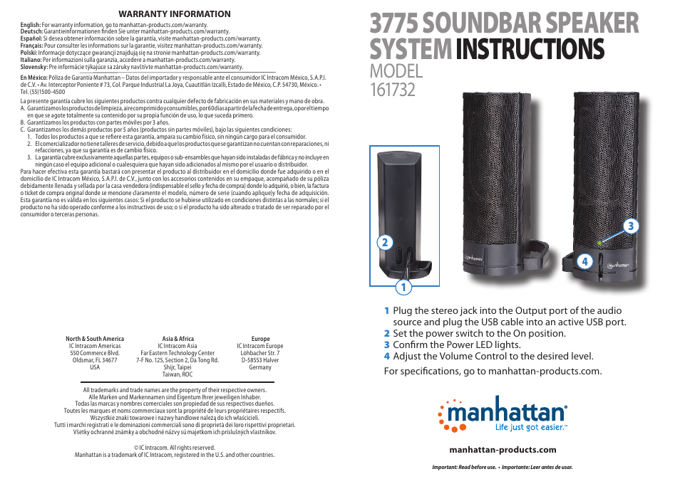 Manhattan 161732 3775 Soundbar Speaker System - Quick Install (Multi) User Manual | 2 pages