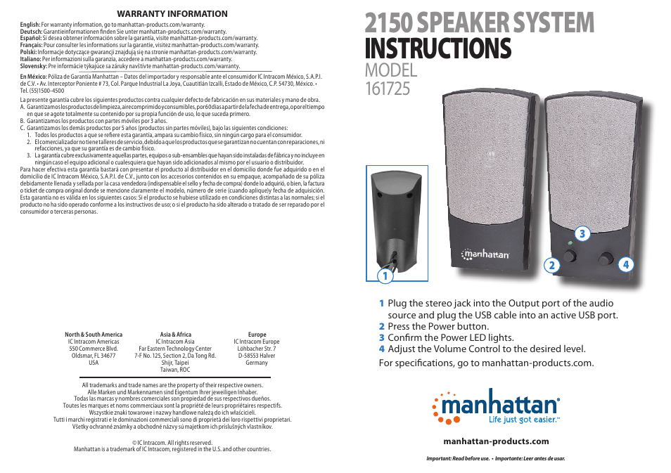 Manhattan 161725 2150 Speaker System - Quick Install (Multi) User Manual | 2 pages