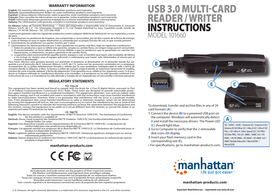 Manhattan 101660 USB 3.0 Multi-Card Reader & Writer - Quick Install (Multi) User Manual | 2 pages