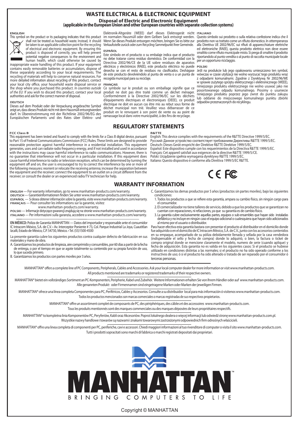 Waste electrical & electronic equipment, Regulatory statements, Warranty information | Manhattan 174947 USB to Serial Converter - Quick Install (Multi) User Manual | Page 2 / 2