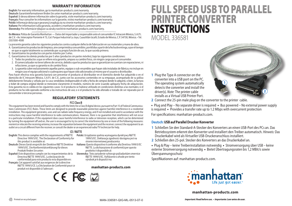 Manhattan 336581 Full Speed USB to Parallel Printer Converter - Quick Install (Multi) User Manual | 2 pages