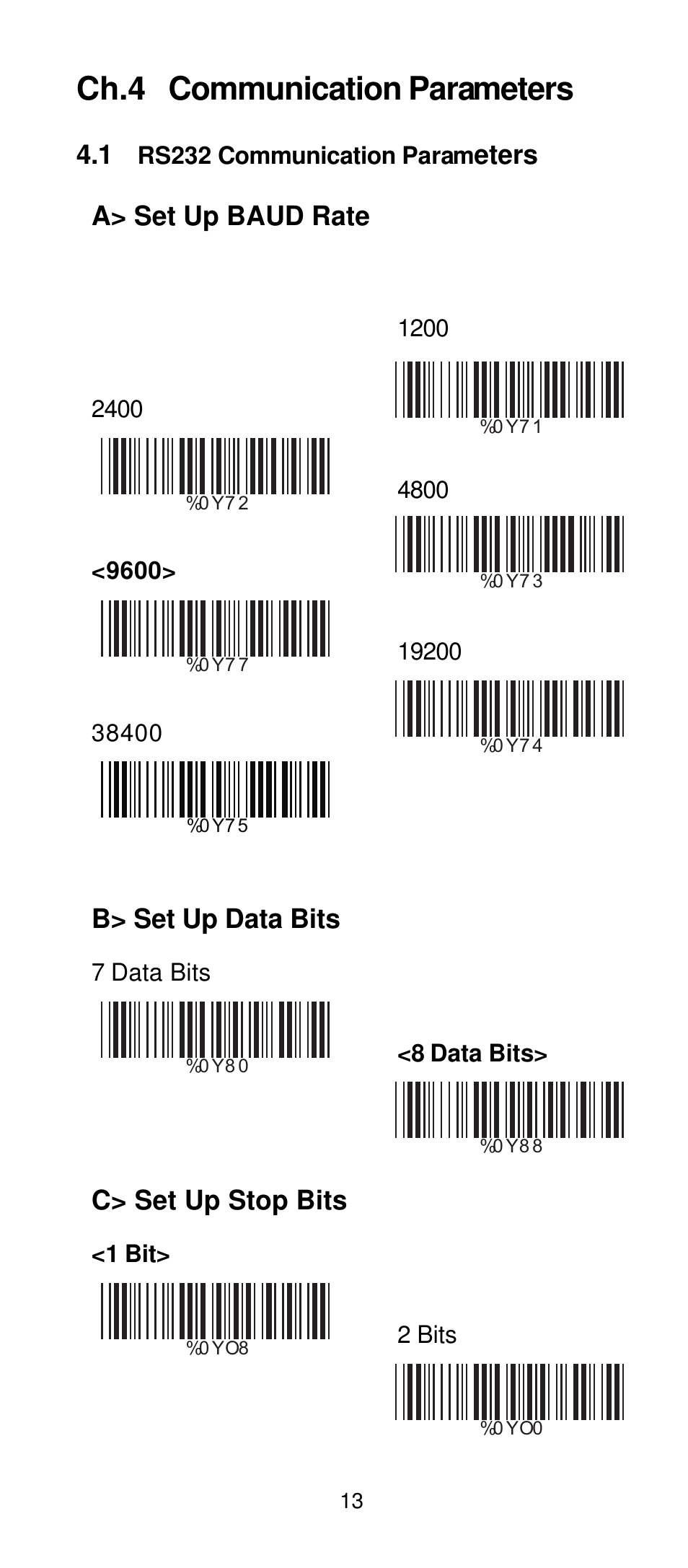 Ch.4 communication parameters, Eters a> set up baud rate, B> set up data bits | C> set up stop bits | Manhattan 401517 Contact CCD Barcode Scanner - Programming Manual User Manual | Page 16 / 80