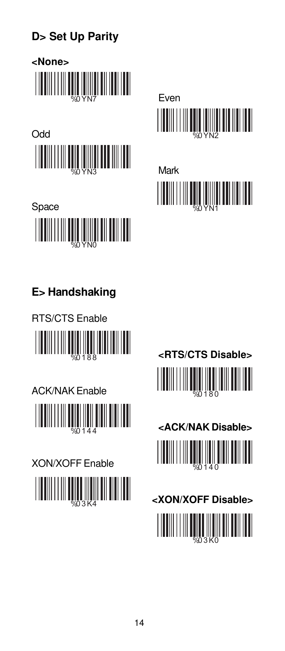 D> set up parity, E> handshaking | Manhattan 401517 Contact CCD Barcode Scanner - Programming Manual User Manual | Page 17 / 80