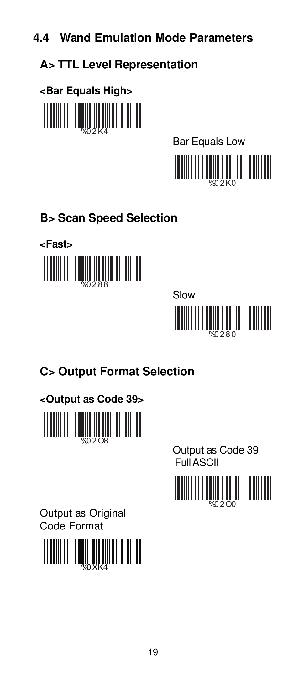 B> scan speed selection, C> output format selection | Manhattan 401517 Contact CCD Barcode Scanner - Programming Manual User Manual | Page 22 / 80