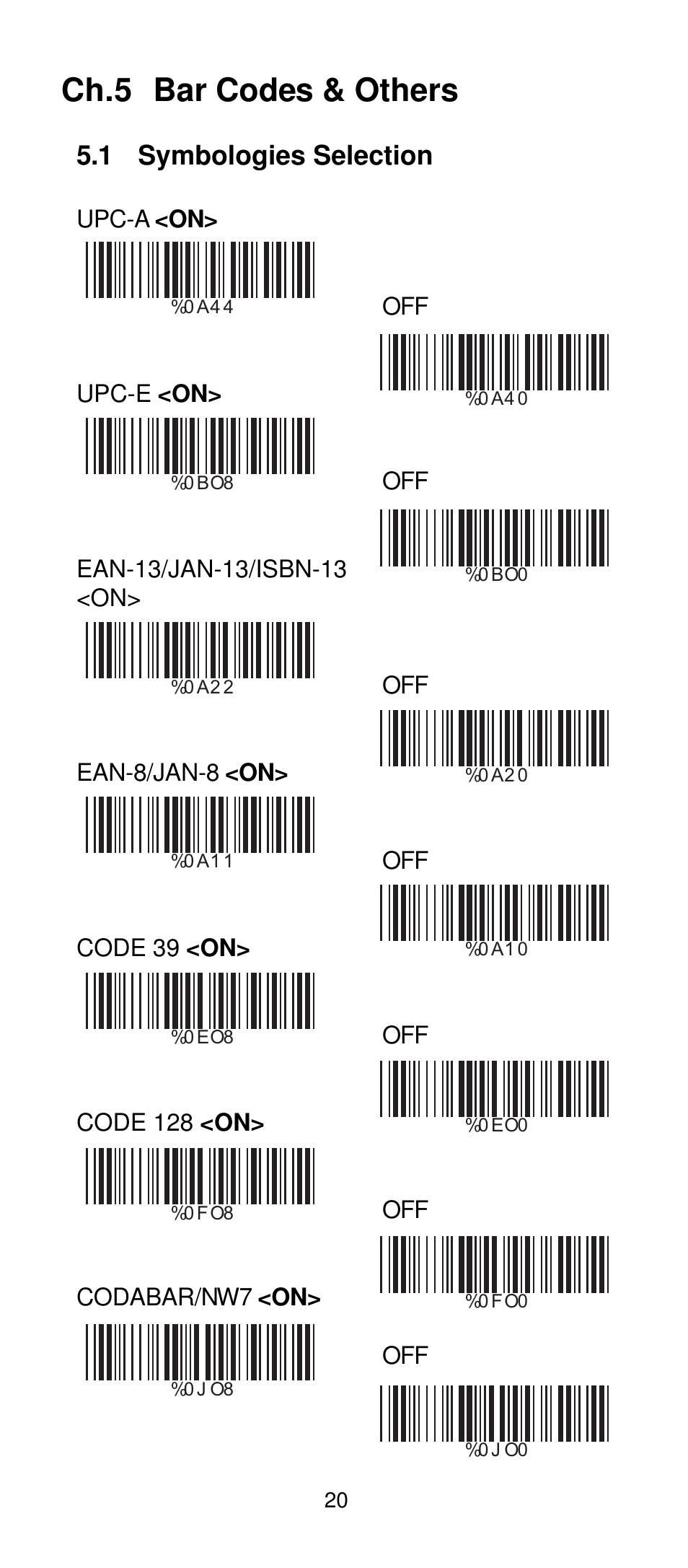 Ch.5 bar codes & others, 1 symbologies selection | Manhattan 401517 Contact CCD Barcode Scanner - Programming Manual User Manual | Page 23 / 80