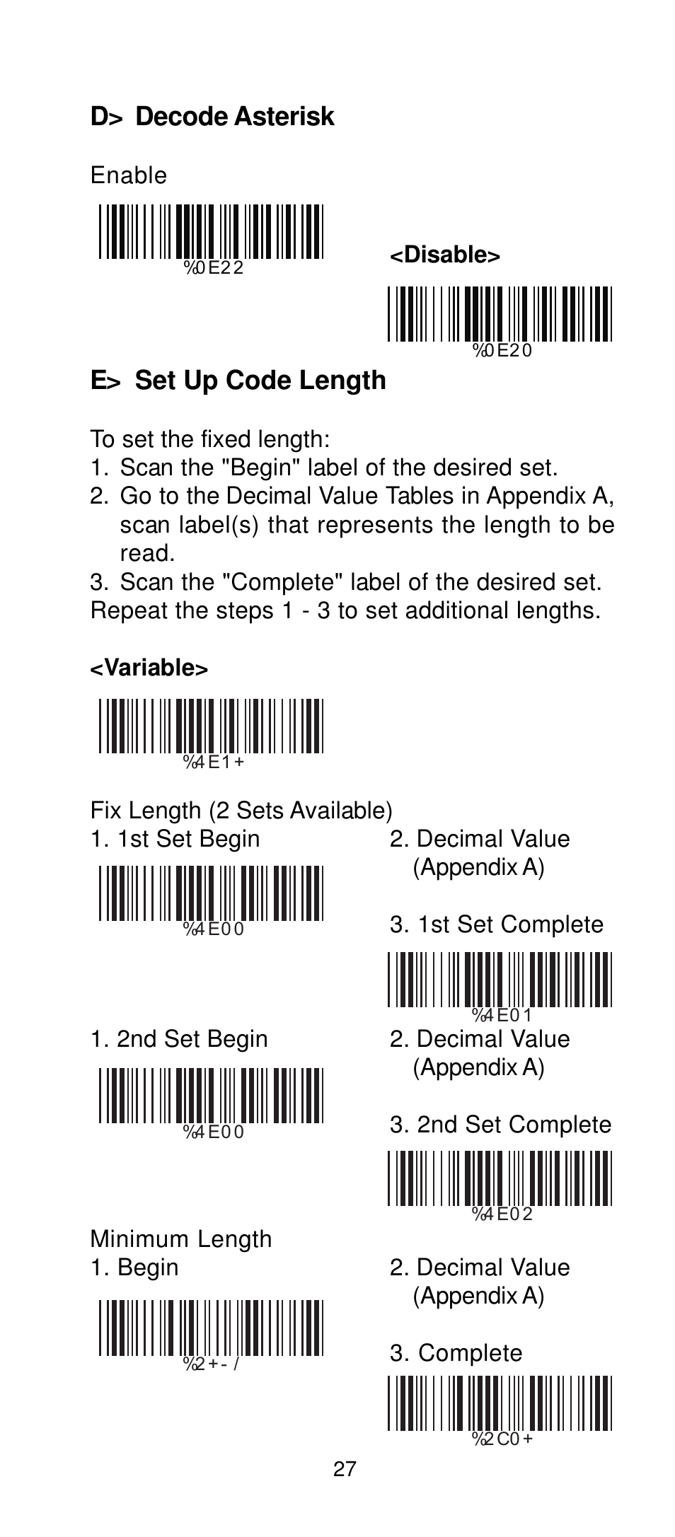 D> decode asterisk, E> set up code length | Manhattan 401517 Contact CCD Barcode Scanner - Programming Manual User Manual | Page 30 / 80