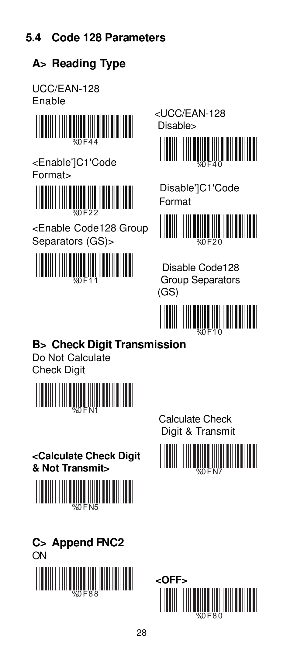 4 code 128 parameters a> reading type, B> check digit transmission, C> append fnc2 | Manhattan 401517 Contact CCD Barcode Scanner - Programming Manual User Manual | Page 31 / 80