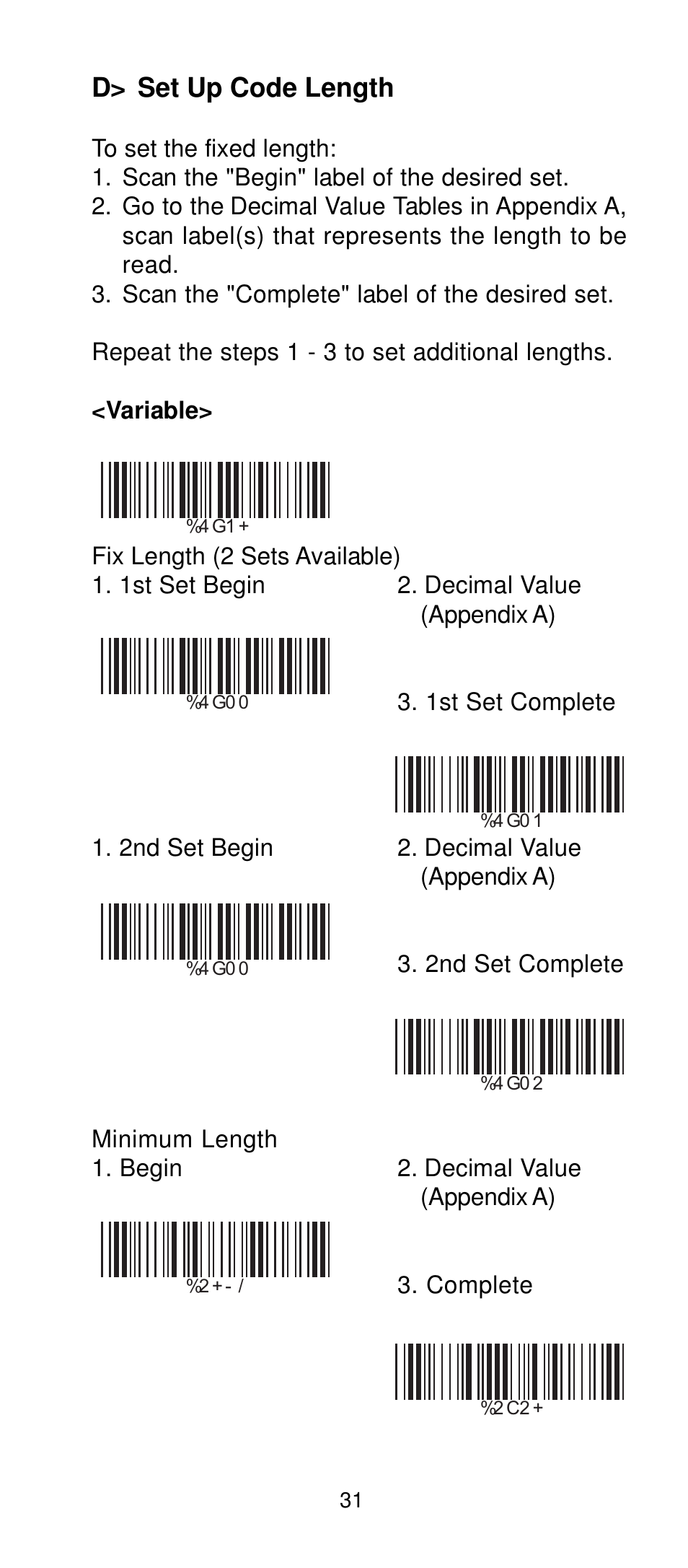 D> set up code length | Manhattan 401517 Contact CCD Barcode Scanner - Programming Manual User Manual | Page 34 / 80