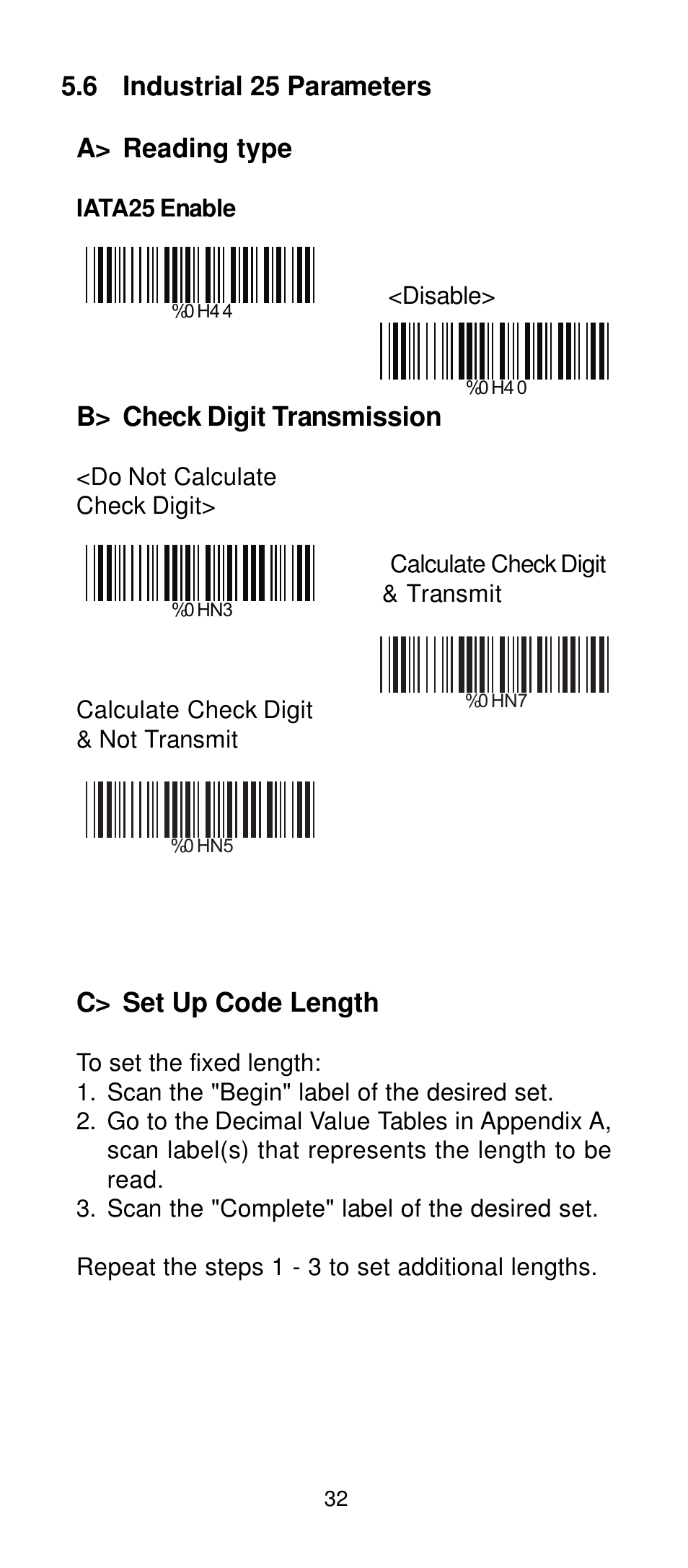 6 industrial 25 parameters a> reading type, B> check digit transmission, C> set up code length | Manhattan 401517 Contact CCD Barcode Scanner - Programming Manual User Manual | Page 35 / 80