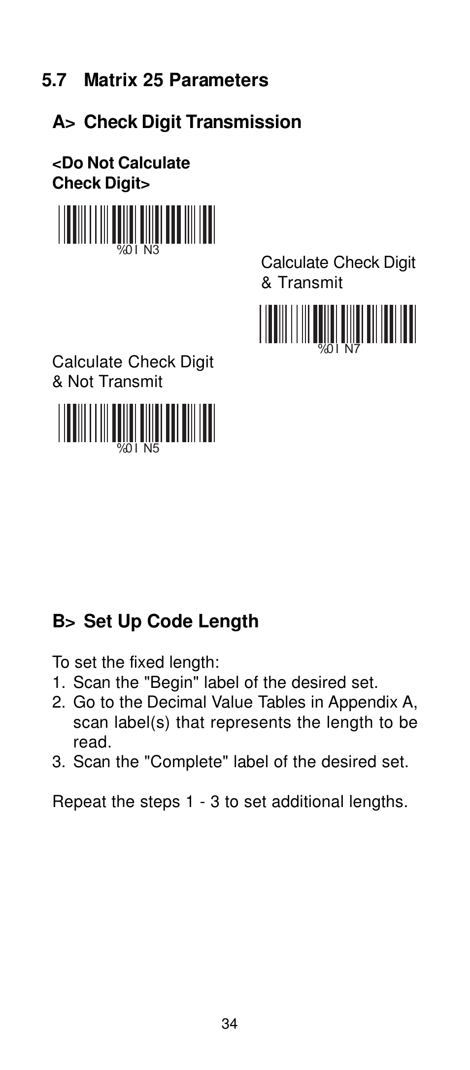 7 matrix 25 parameters a> check digit transmission, B> set up code length | Manhattan 401517 Contact CCD Barcode Scanner - Programming Manual User Manual | Page 37 / 80