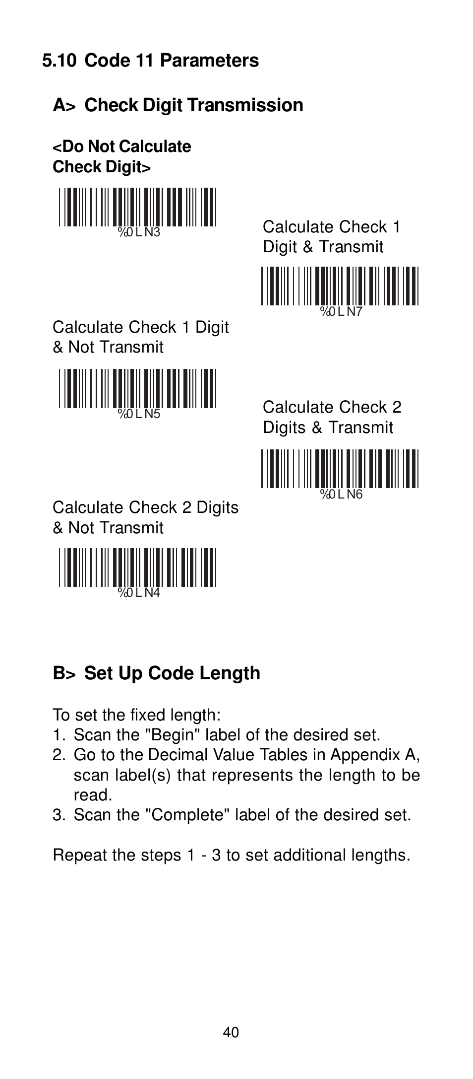 10 code 11 parameters a> check digit transmission, B> set up code length | Manhattan 401517 Contact CCD Barcode Scanner - Programming Manual User Manual | Page 43 / 80