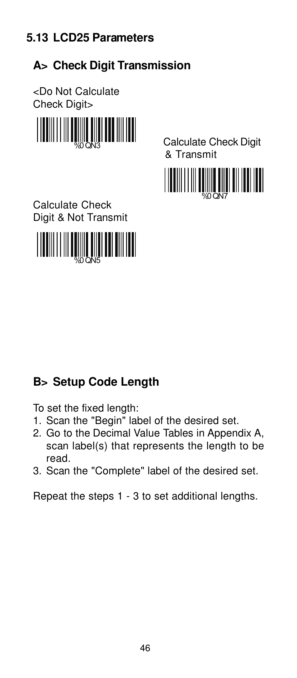 13 lcd25 parameters a> check digit transmission, B> setup code length | Manhattan 401517 Contact CCD Barcode Scanner - Programming Manual User Manual | Page 49 / 80