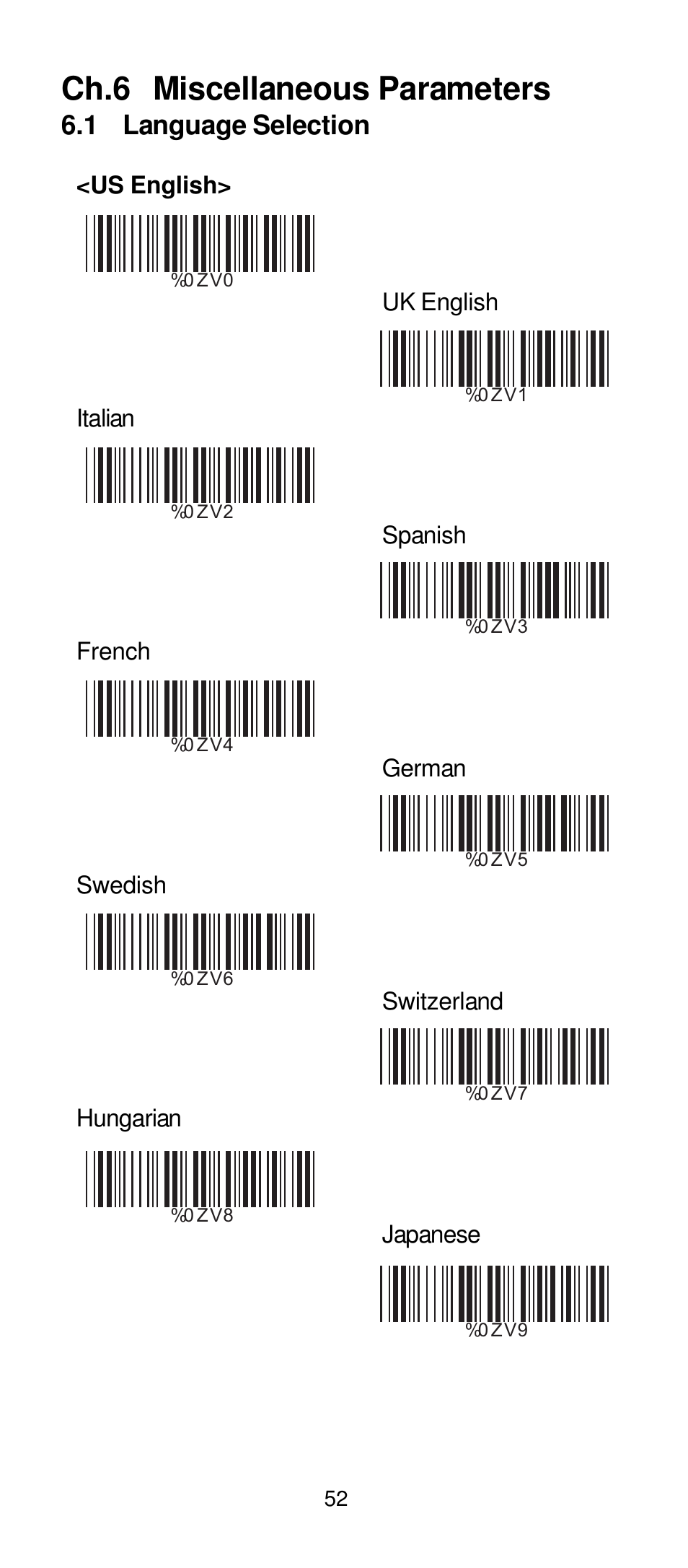 Ch.6 miscellaneous parameters, 1 language selection | Manhattan 401517 Contact CCD Barcode Scanner - Programming Manual User Manual | Page 55 / 80