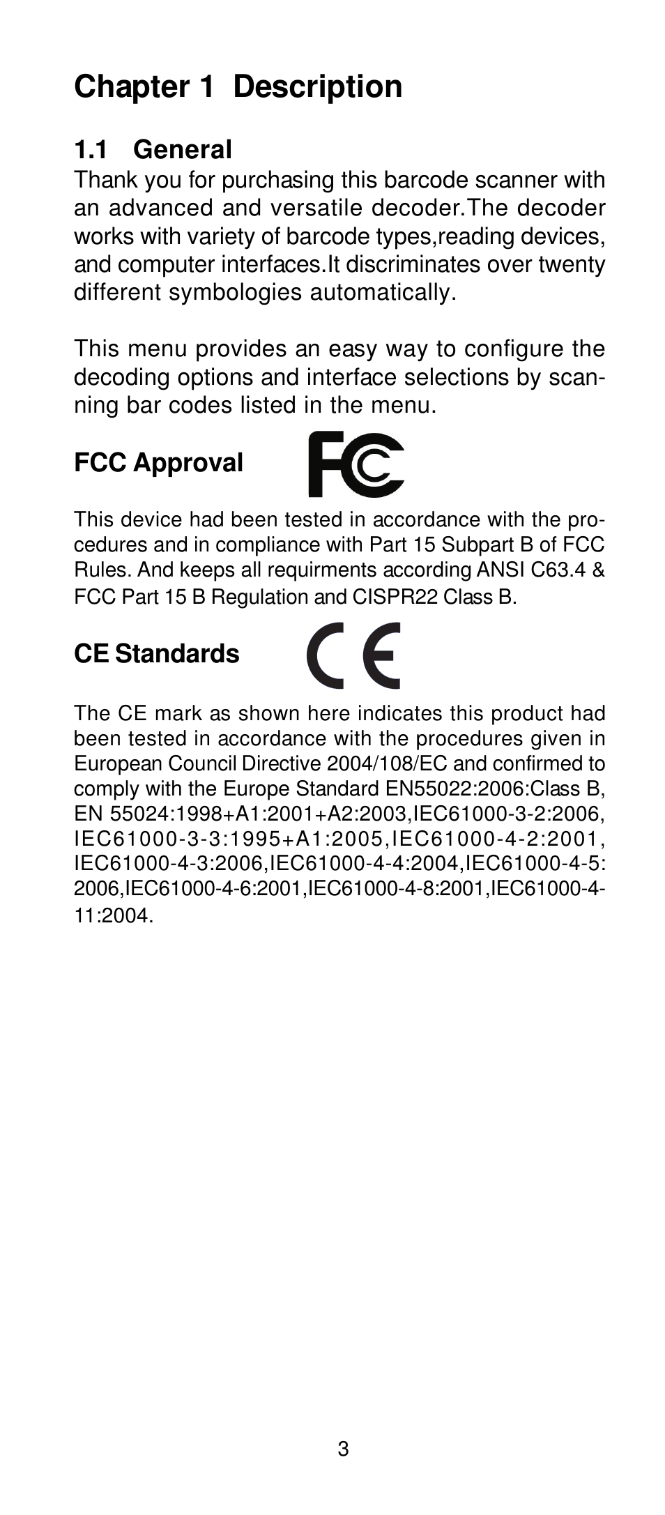 Chapter 1 description | Manhattan 401517 Contact CCD Barcode Scanner - Programming Manual User Manual | Page 6 / 80