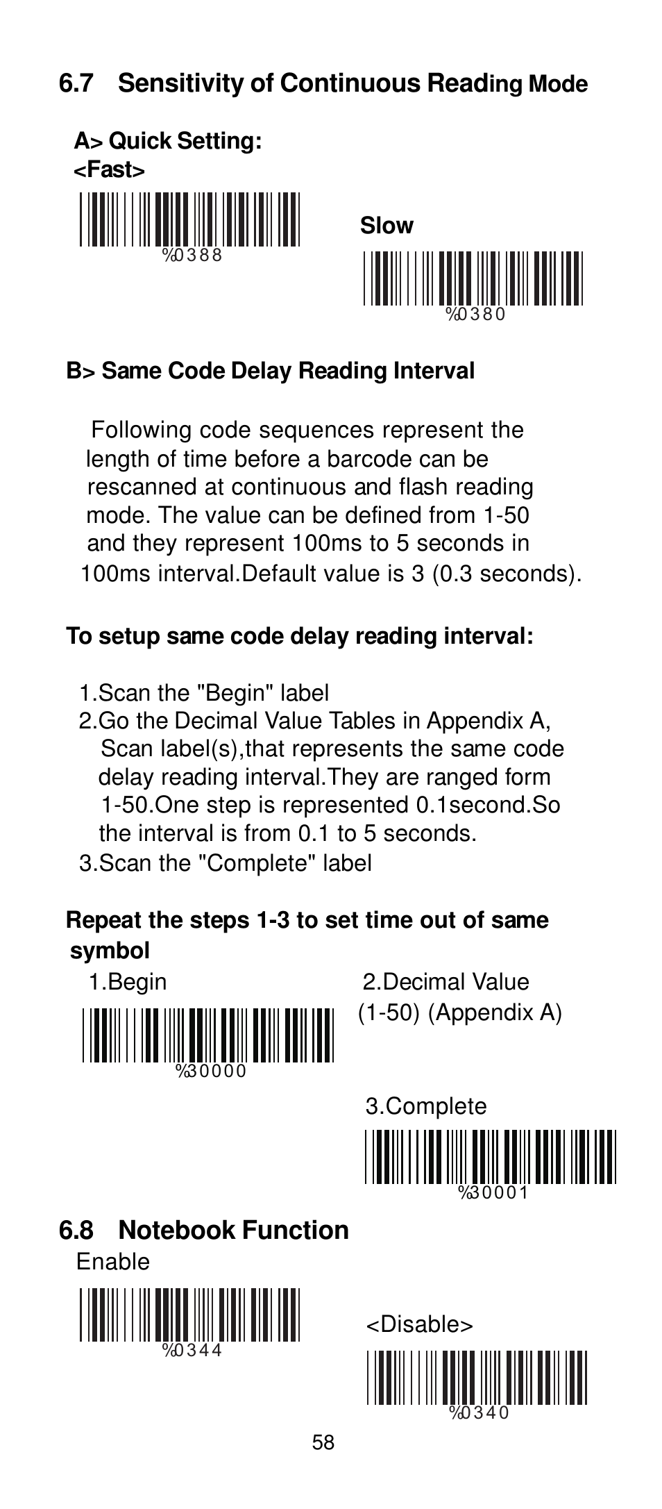 7 sensitivity of continuous read | Manhattan 401517 Contact CCD Barcode Scanner - Programming Manual User Manual | Page 61 / 80