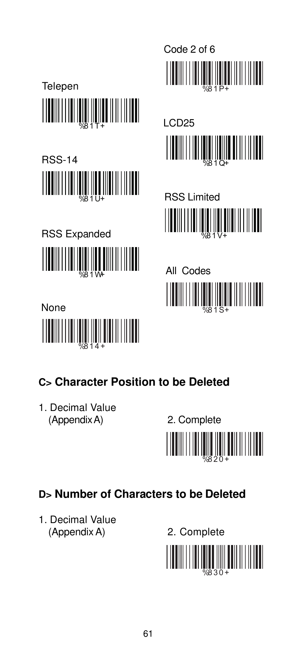 Character position to be deleted, Number of characters to be deleted | Manhattan 401517 Contact CCD Barcode Scanner - Programming Manual User Manual | Page 64 / 80