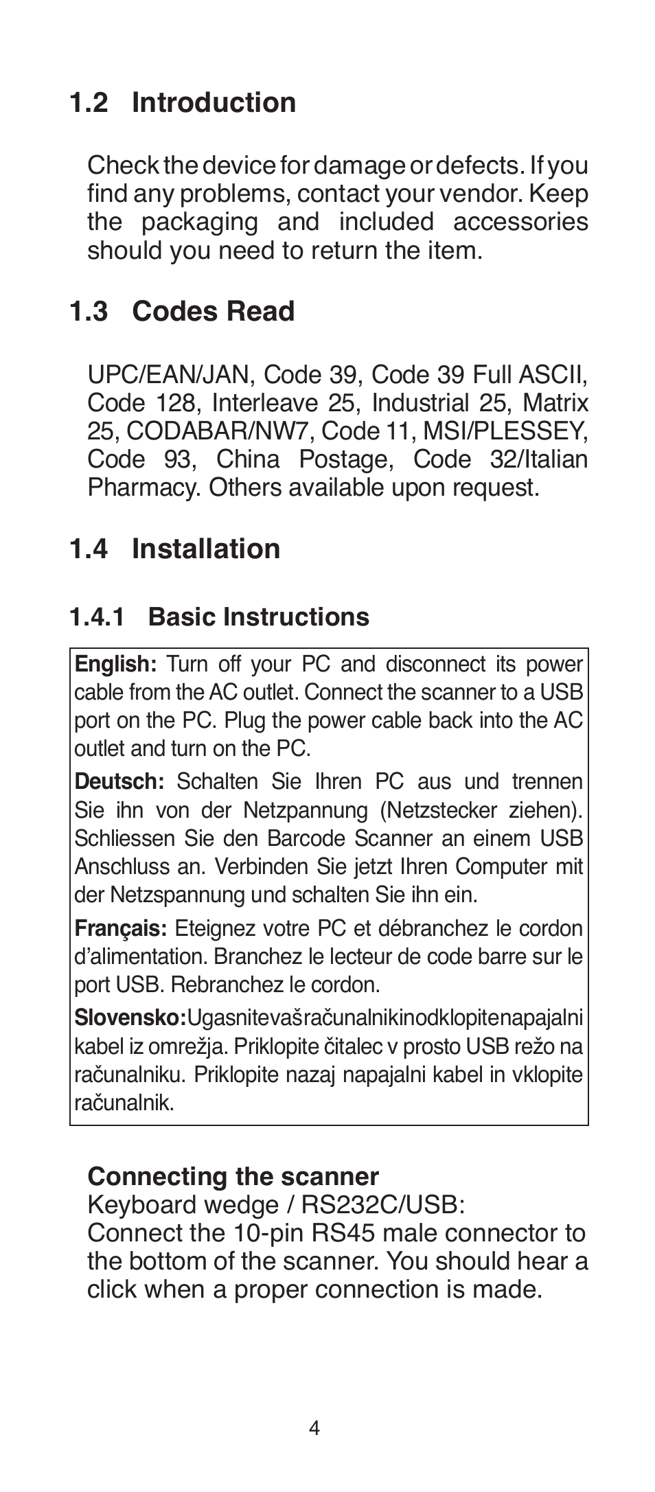 2 introduction, 3 codes read, 4 installation | Manhattan 401517 Contact CCD Barcode Scanner - Programming Manual User Manual | Page 7 / 80