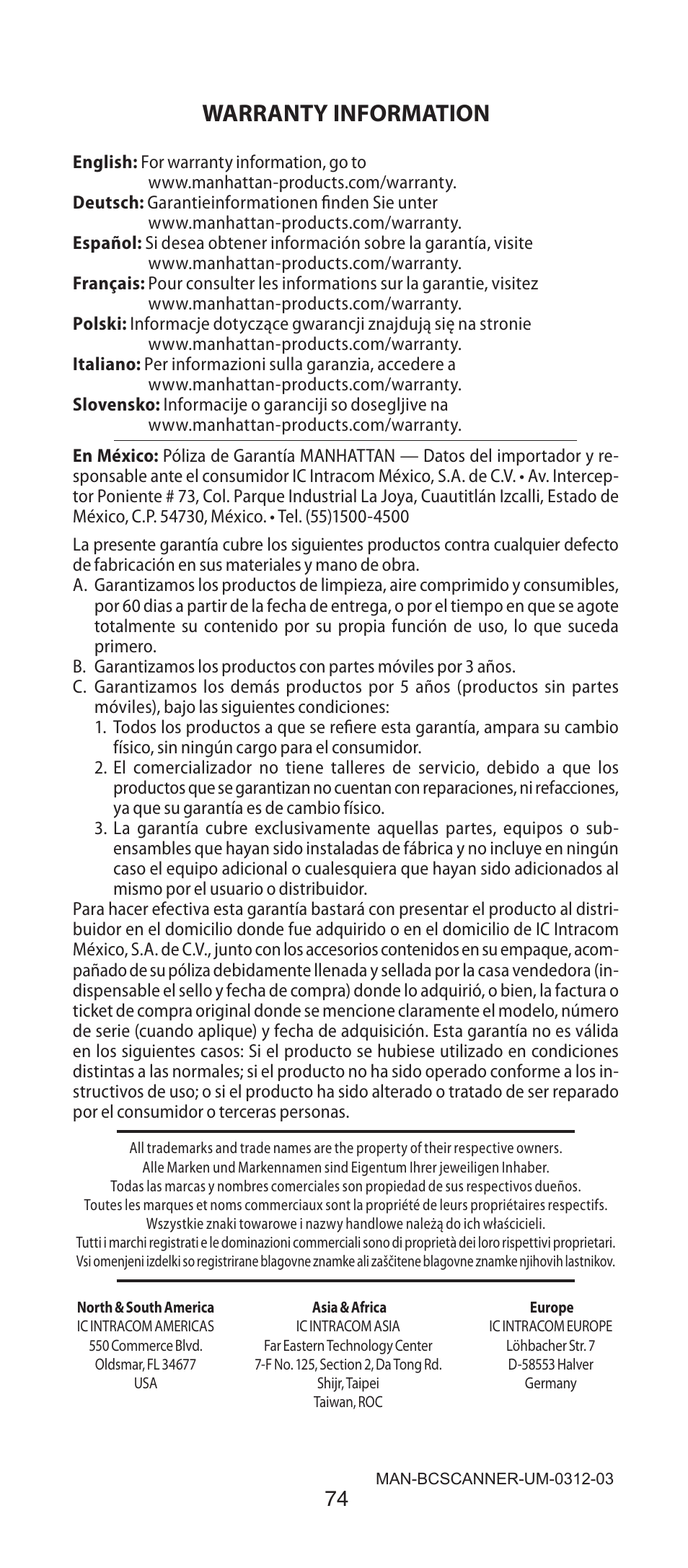 Warranty information | Manhattan 401517 Contact CCD Barcode Scanner - Programming Manual User Manual | Page 76 / 80