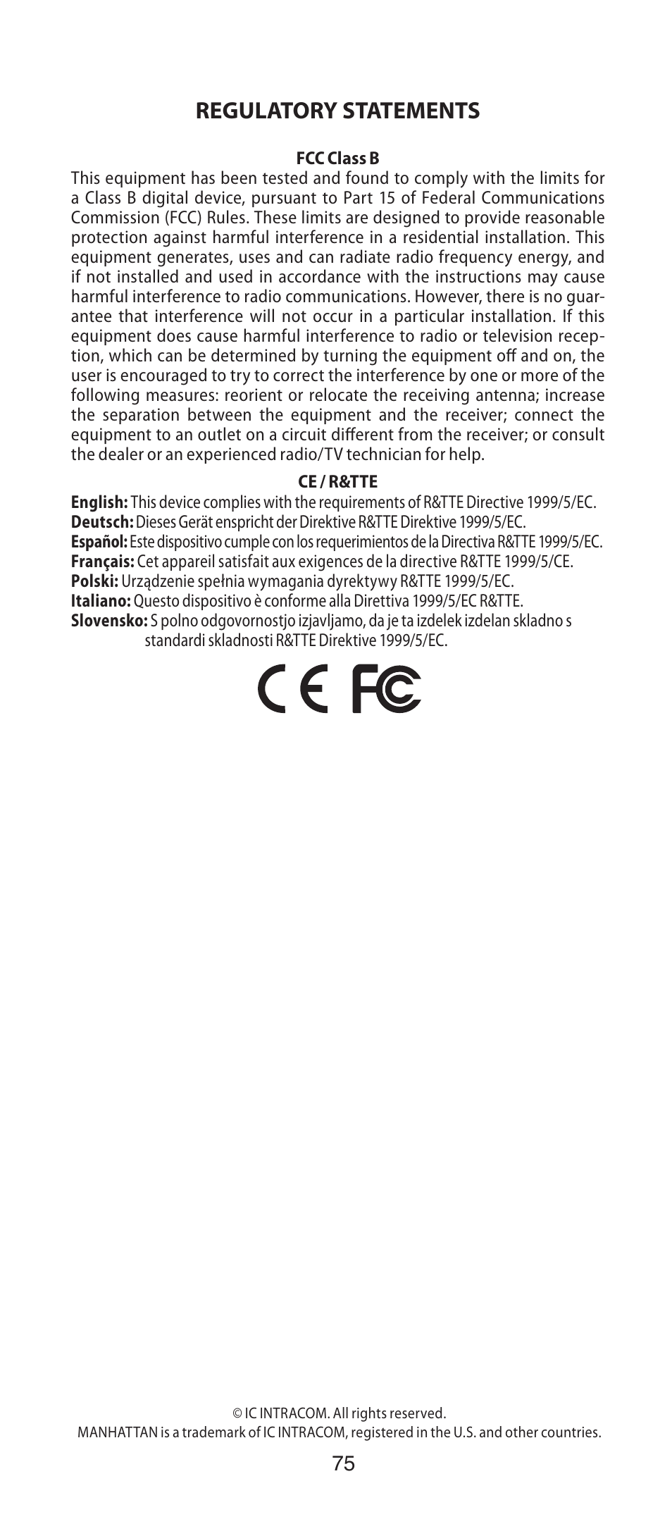 Regulatory statements | Manhattan 401517 Contact CCD Barcode Scanner - Programming Manual User Manual | Page 77 / 80