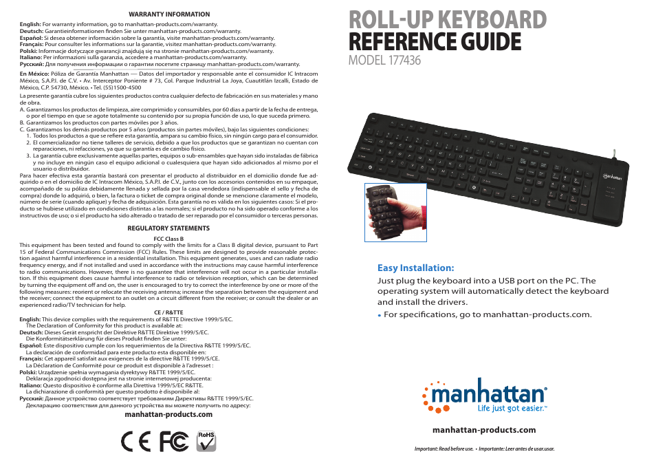 Manhattan 177436 Roll-Up Keyboard - Quick Install (Multi) User Manual | 2 pages