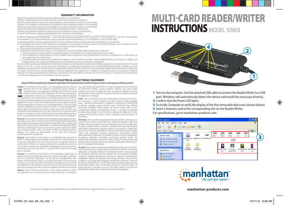 Manhattan 101653 Multi-Card Reader & Writer - Quick Install (Multi) User Manual | 2 pages
