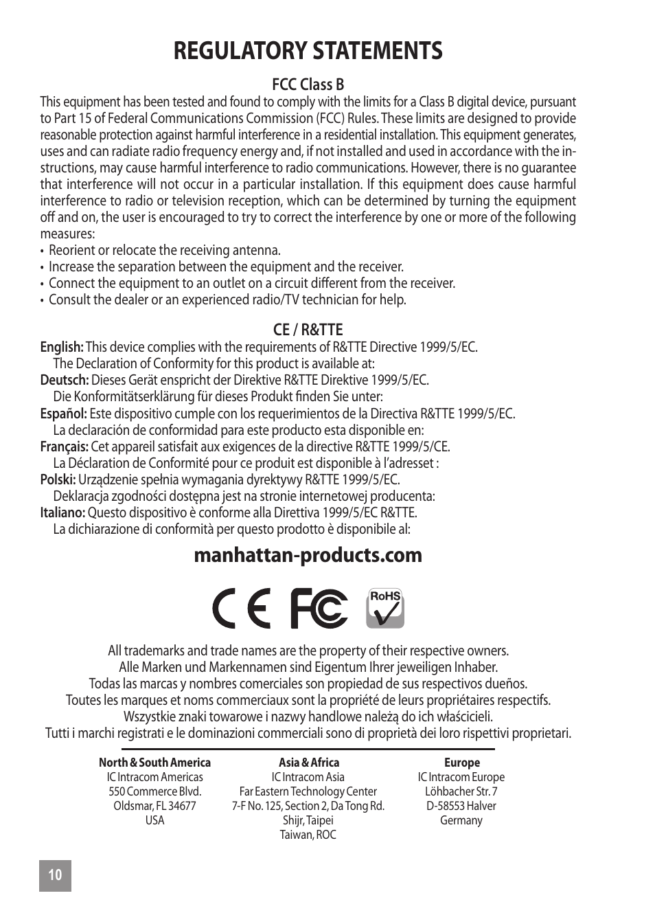 Regulatory statements | Manhattan 151252 2-Port Compact KVM Switch - Quick Install (Multi) User Manual | Page 10 / 12