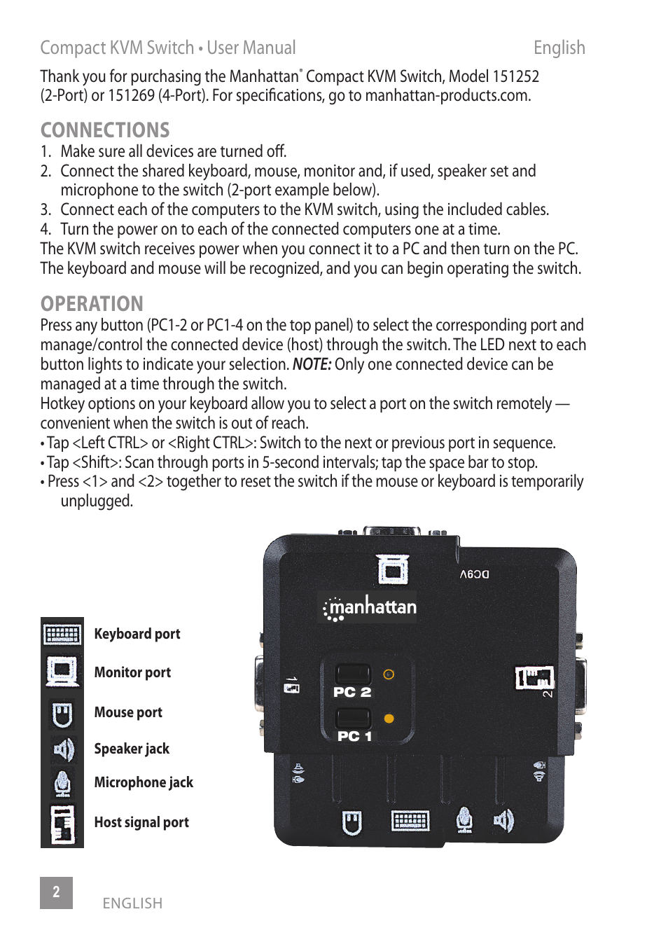 Connections, Operation, Compact kvm switch • user manual english | Manhattan 151252 2-Port Compact KVM Switch - Quick Install (Multi) User Manual | Page 2 / 12