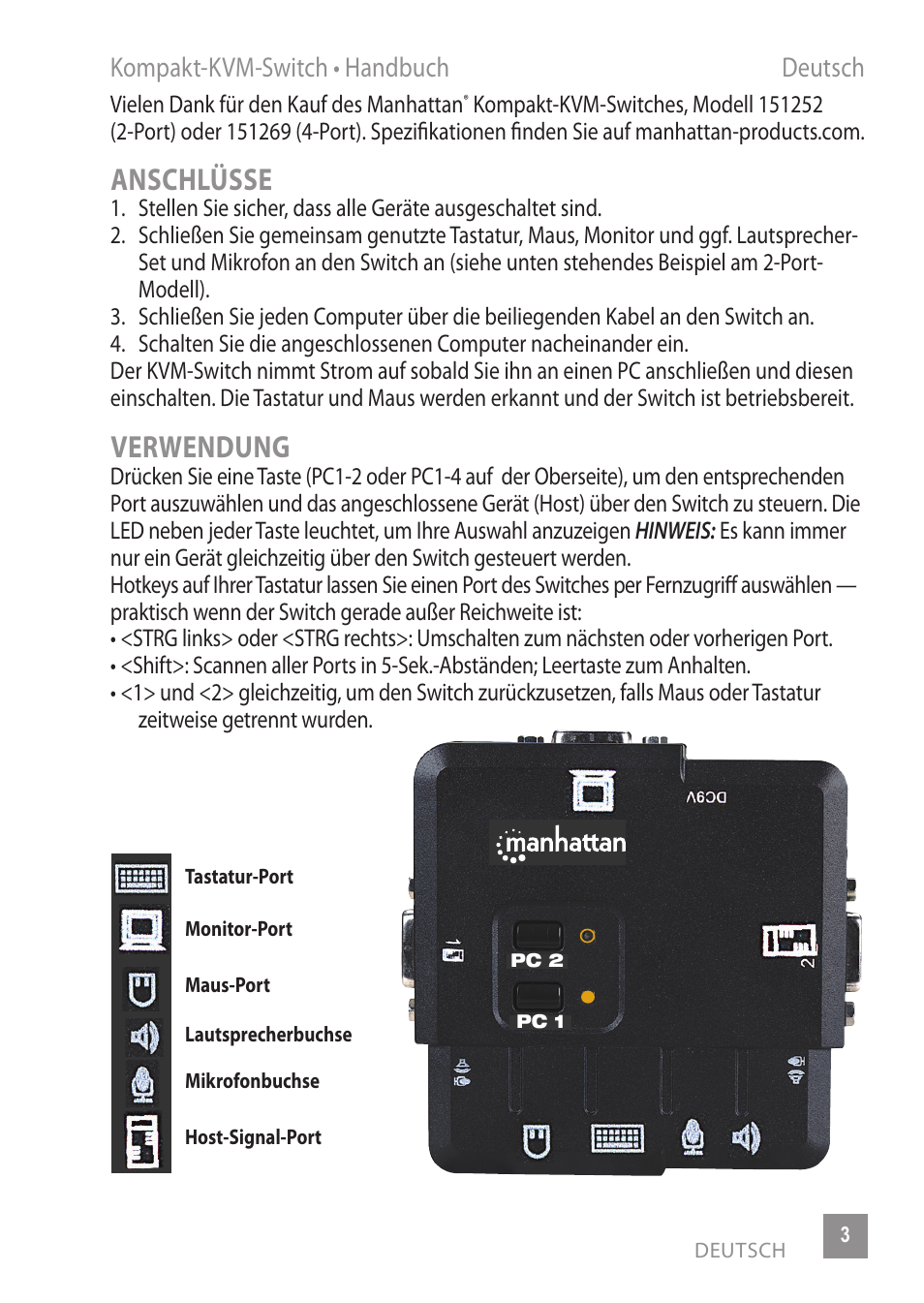 Anschlüsse, Verwendung, Kompakt-kvm-switch • handbuch deutsch | Manhattan 151252 2-Port Compact KVM Switch - Quick Install (Multi) User Manual | Page 3 / 12