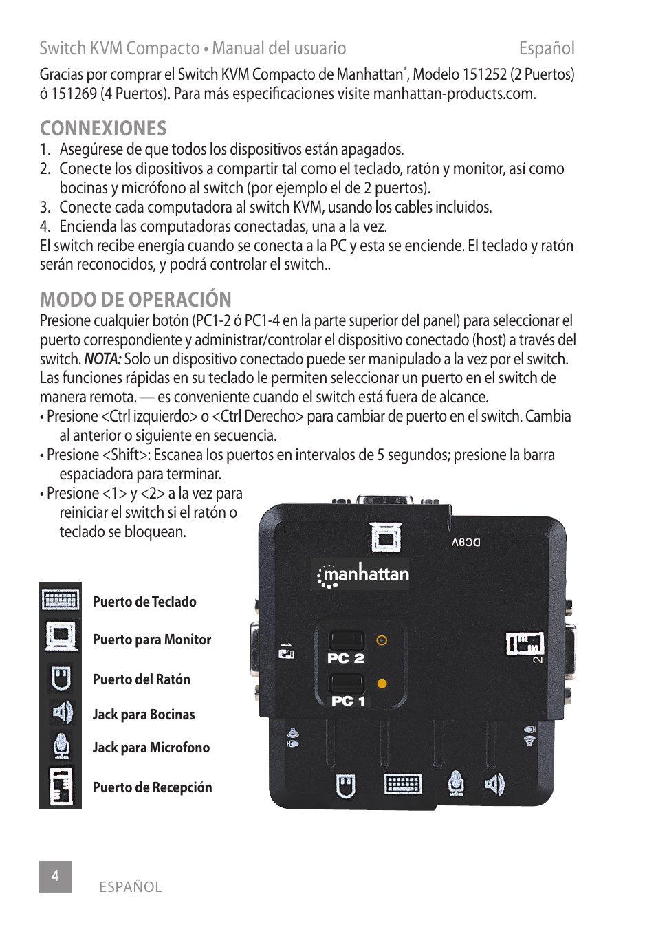 Connexiones, Modo de operación, Switch kvm compacto • manual del usuario español | Manhattan 151252 2-Port Compact KVM Switch - Quick Install (Multi) User Manual | Page 4 / 12