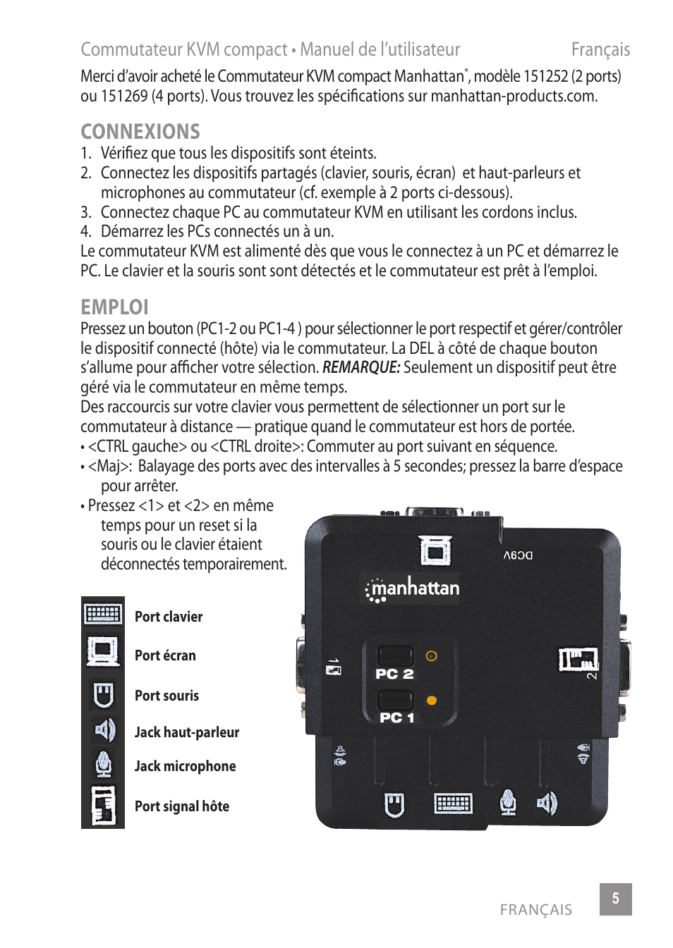 Connexions, Emploi | Manhattan 151252 2-Port Compact KVM Switch - Quick Install (Multi) User Manual | Page 5 / 12