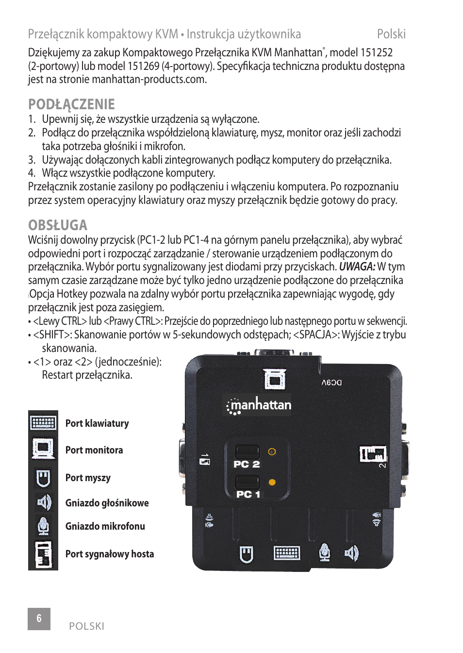 Podłączenie, Obsługa | Manhattan 151252 2-Port Compact KVM Switch - Quick Install (Multi) User Manual | Page 6 / 12