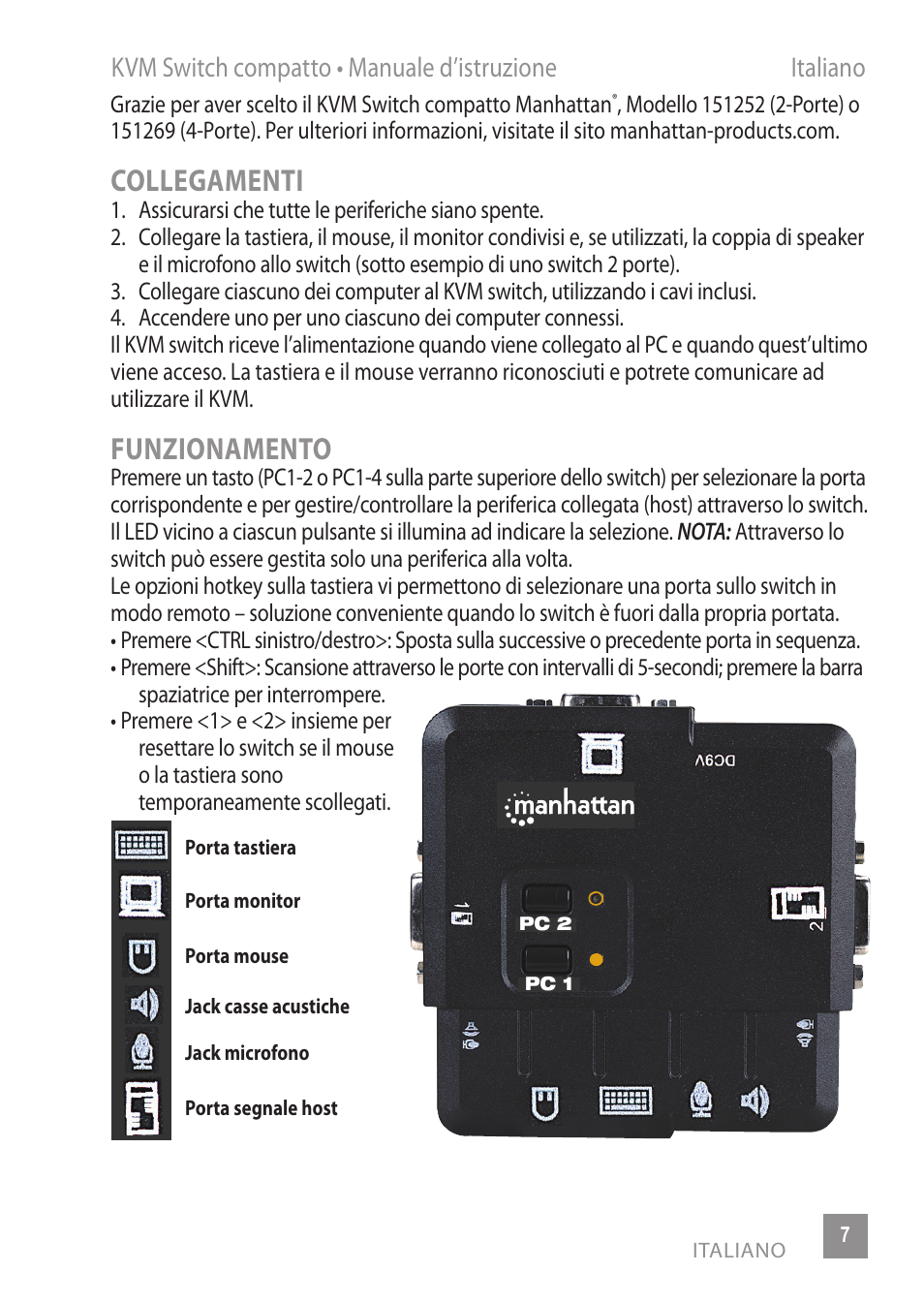 Collegamenti, Funzionamento | Manhattan 151252 2-Port Compact KVM Switch - Quick Install (Multi) User Manual | Page 7 / 12