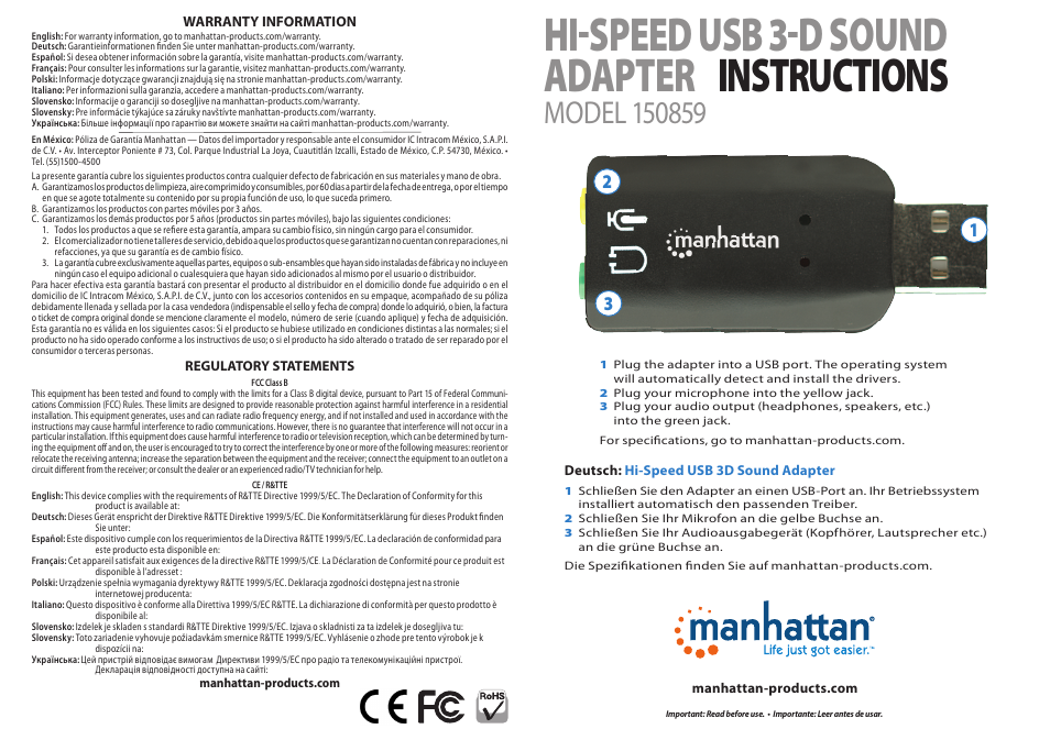 Manhattan 150859 Hi-Speed USB 3-D Sound Adapter - Quick Install (Multi) User Manual | 2 pages