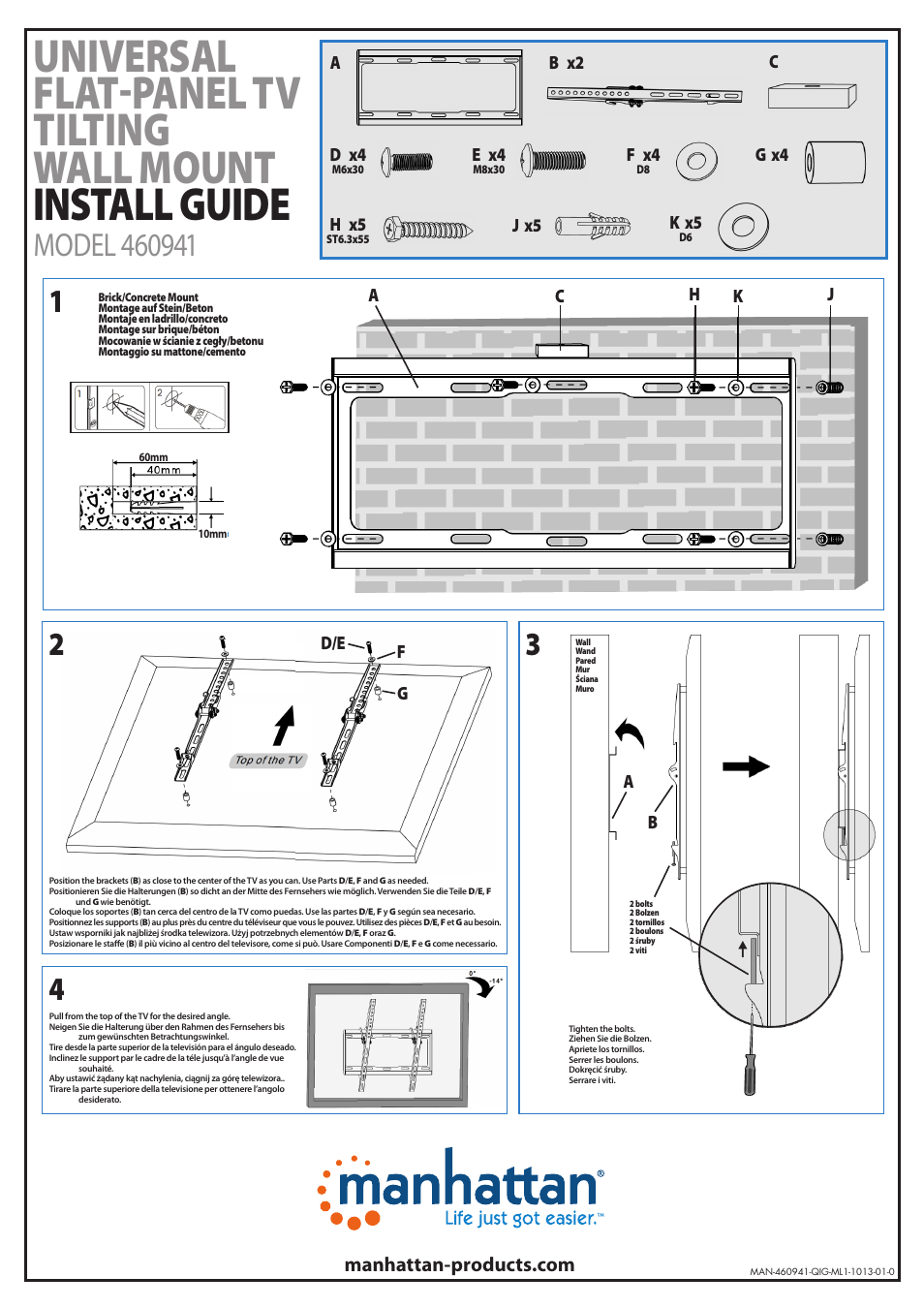 Manhattan 460941 Universal Flat-Panel TV Tilting Wall Mount - Quick Install (Multi) User Manual | 2 pages