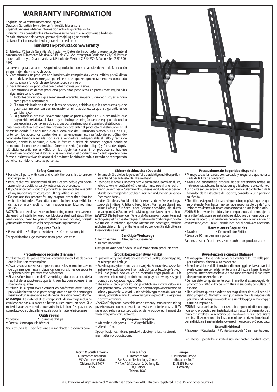 Warranty information | Manhattan 460941 Universal Flat-Panel TV Tilting Wall Mount - Quick Install (Multi) User Manual | Page 2 / 2