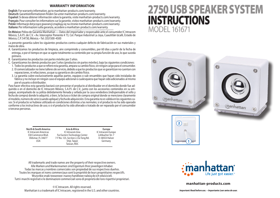 Manhattan 161671 2750 USB Speaker System - Quick Install (Multi) User Manual | 2 pages