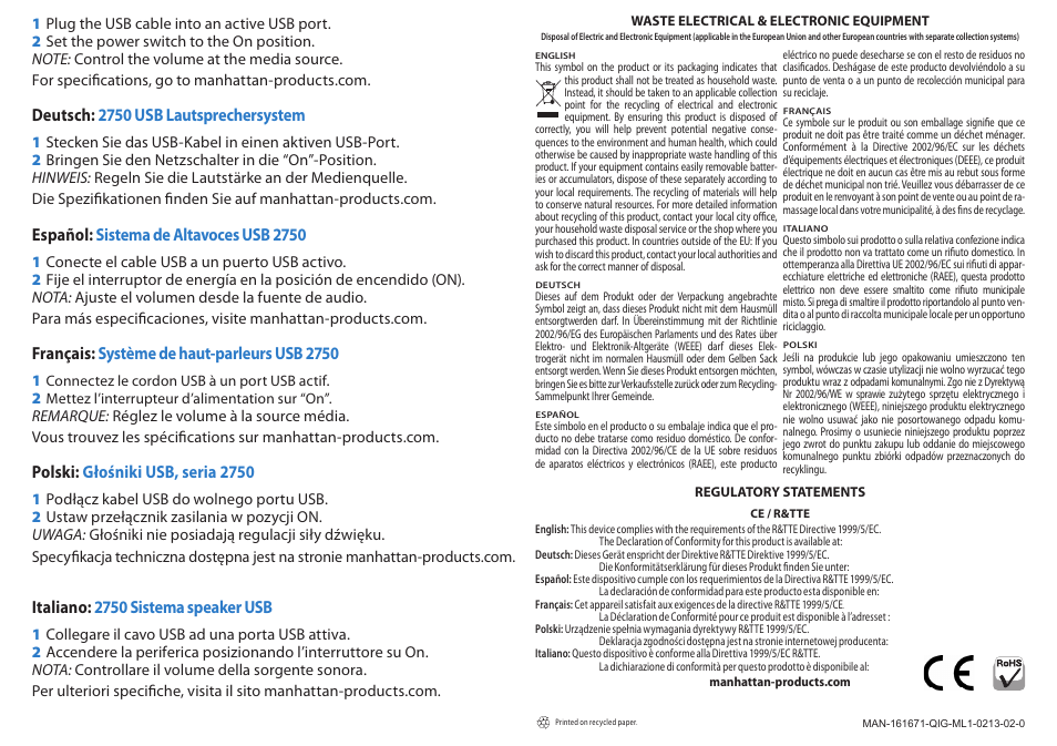 Polski: głośniki usb, seria 2750, Español: sistema de altavoces usb 2750, Italiano: 2750 sistema speaker usb | Français: système de haut-parleurs usb 2750, Deutsch: 2750 usb lautsprechersystem | Manhattan 161671 2750 USB Speaker System - Quick Install (Multi) User Manual | Page 2 / 2