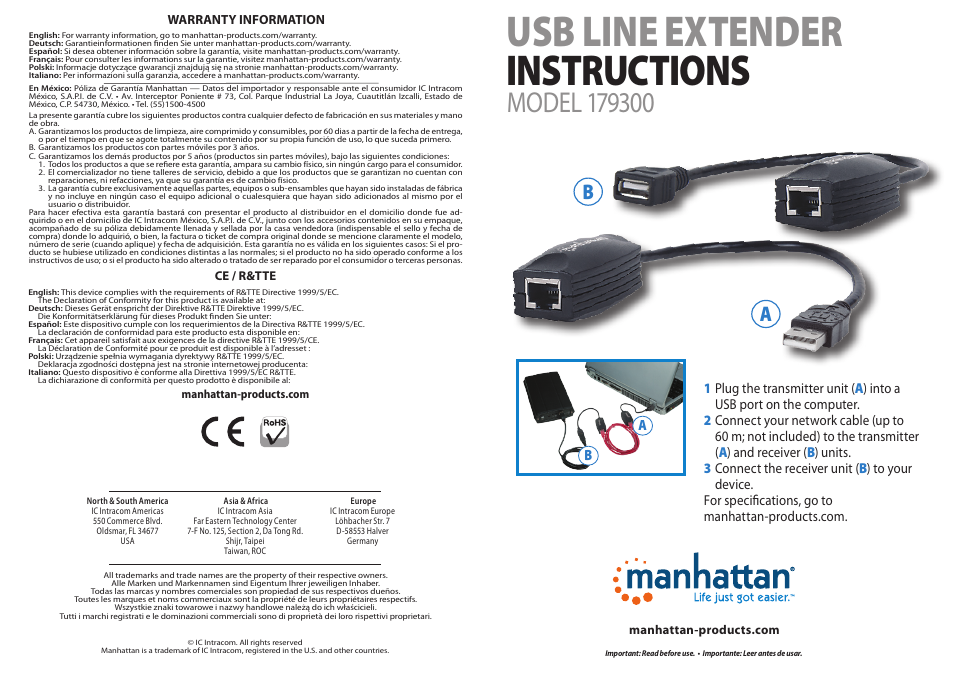 Manhattan 179300 USB Line Extender - Quick Install (Multi) User Manual | 2 pages