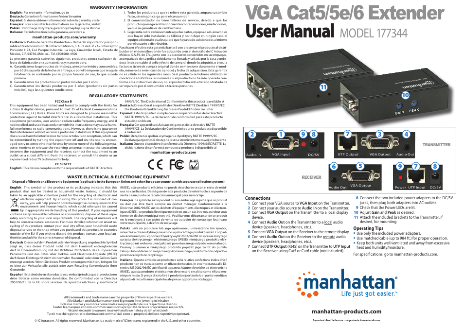 Manhattan 177344 VGA Cat5_5e_6 Extender - Quick Install (Multi) User Manual | 2 pages