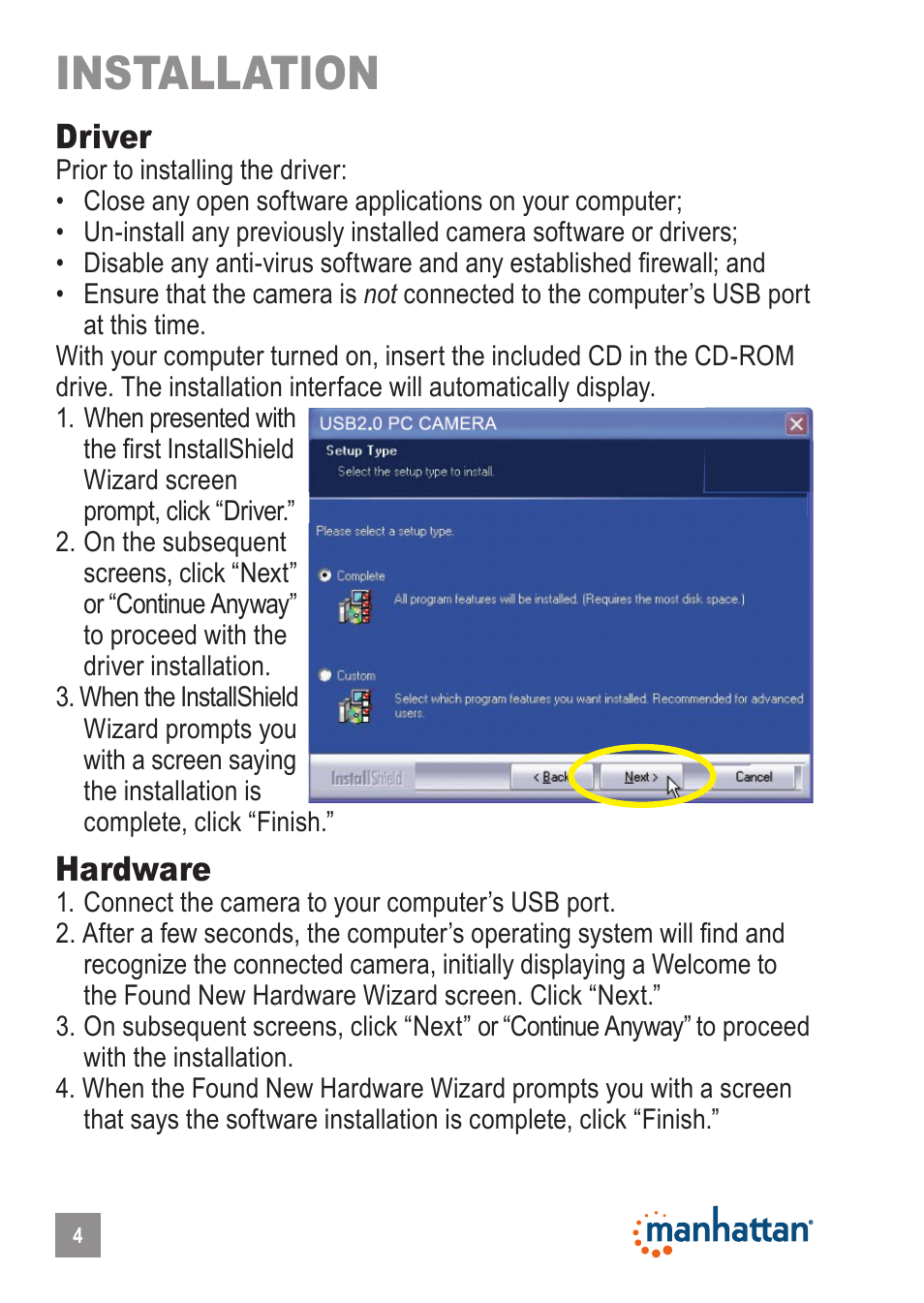 Installation, Driver, Hardware | Manhattan 460514 HD 760 Pro Webcam - Manual User Manual | Page 4 / 11