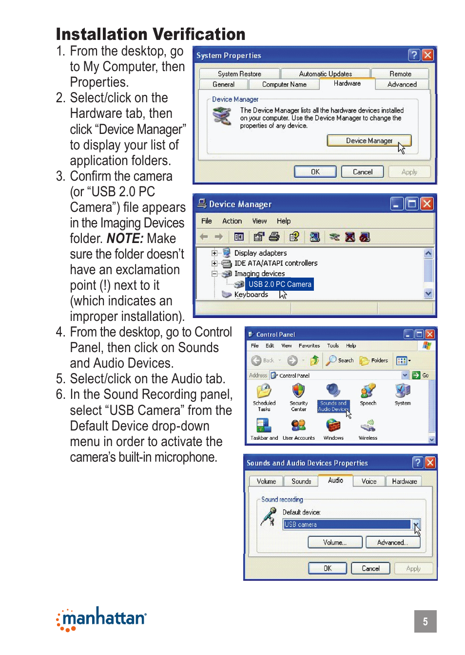 Installation verification | Manhattan 460514 HD 760 Pro Webcam - Manual User Manual | Page 5 / 11