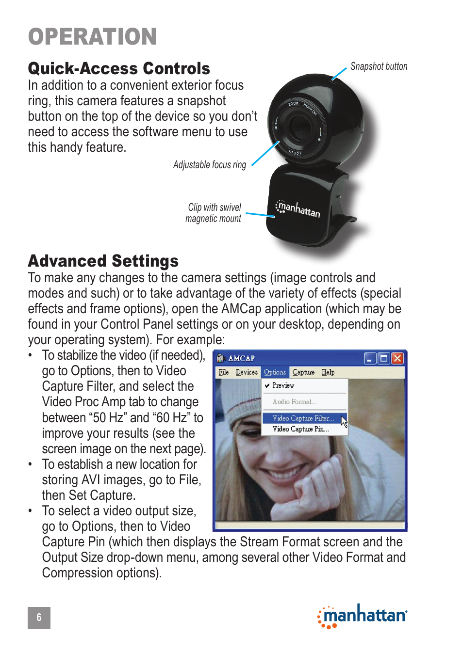 Operation, Quick-access controls, Advanced settings | Manhattan 460514 HD 760 Pro Webcam - Manual User Manual | Page 6 / 11