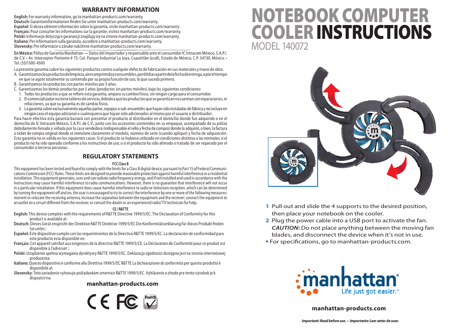 Manhattan 140072 Notebook Computer Cooler - Quick Install (Multi) User Manual | 2 pages