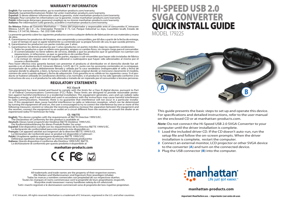 Manhattan 179225 Hi-Speed USB 2.0 SVGA Converter - Quick Install (Multi) User Manual | 2 pages