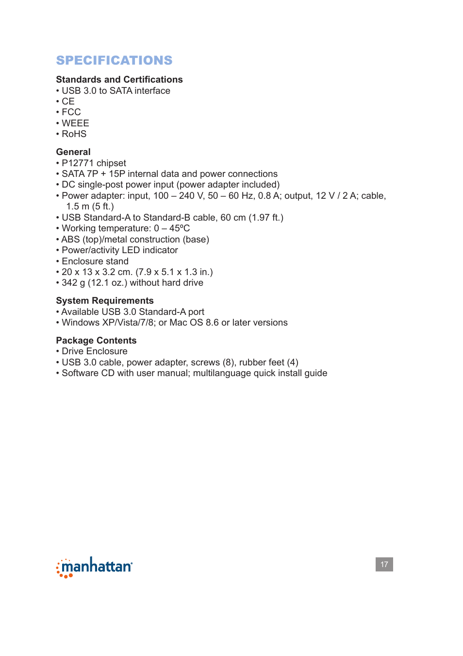 Specifications | Manhattan 130295 Drive Enclosure - Manual User Manual | Page 17 / 17