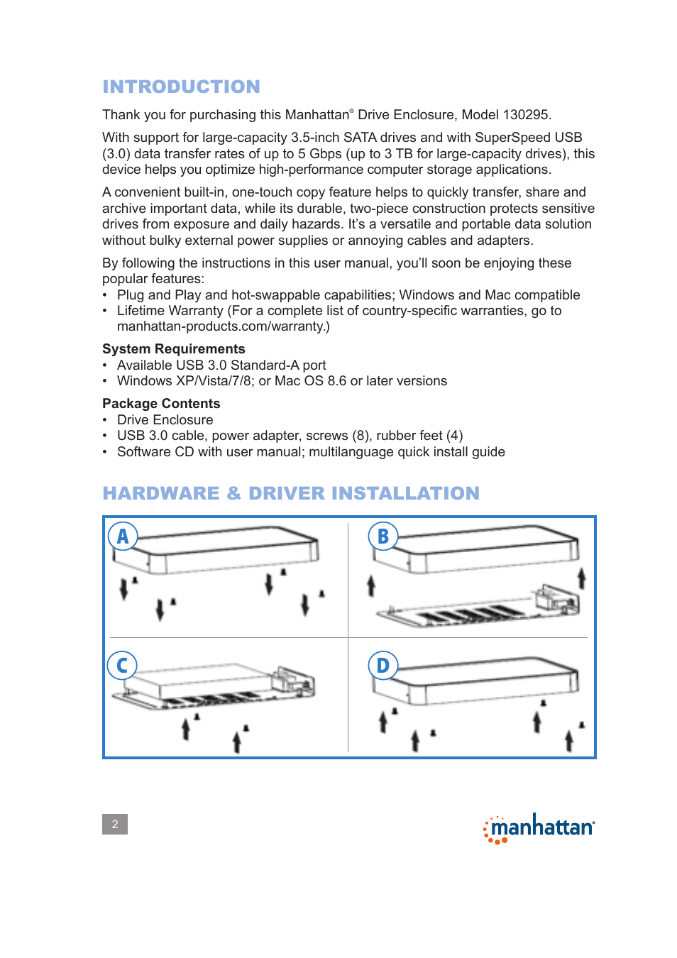Ab c d, Introduction, Hardware & driver installation | Manhattan 130295 Drive Enclosure - Manual User Manual | Page 2 / 17