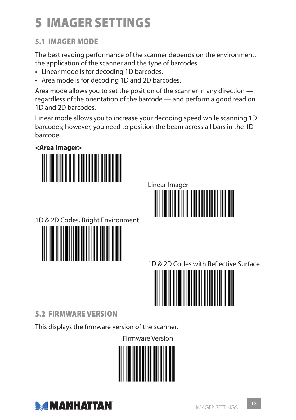 5 imager settings, 1 imager mode, 2 firmware version | Manhattan 177603 2D Barcode Scanner - Manual User Manual | Page 13 / 80