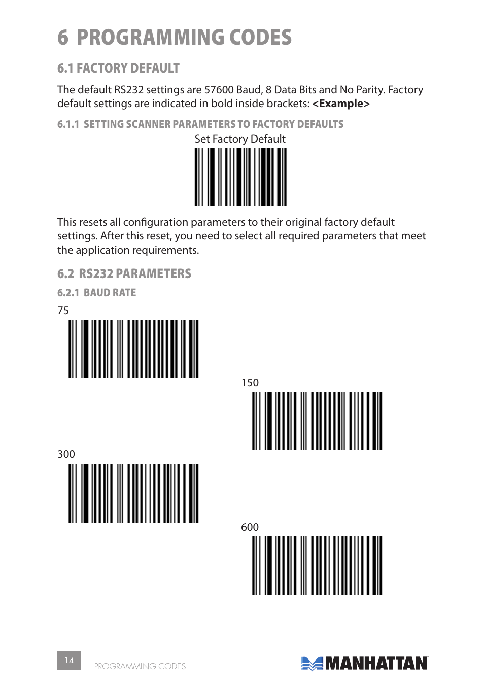 6 programming codes, 1 factory default, 2 rs232 parameters | Manhattan 177603 2D Barcode Scanner - Manual User Manual | Page 14 / 80