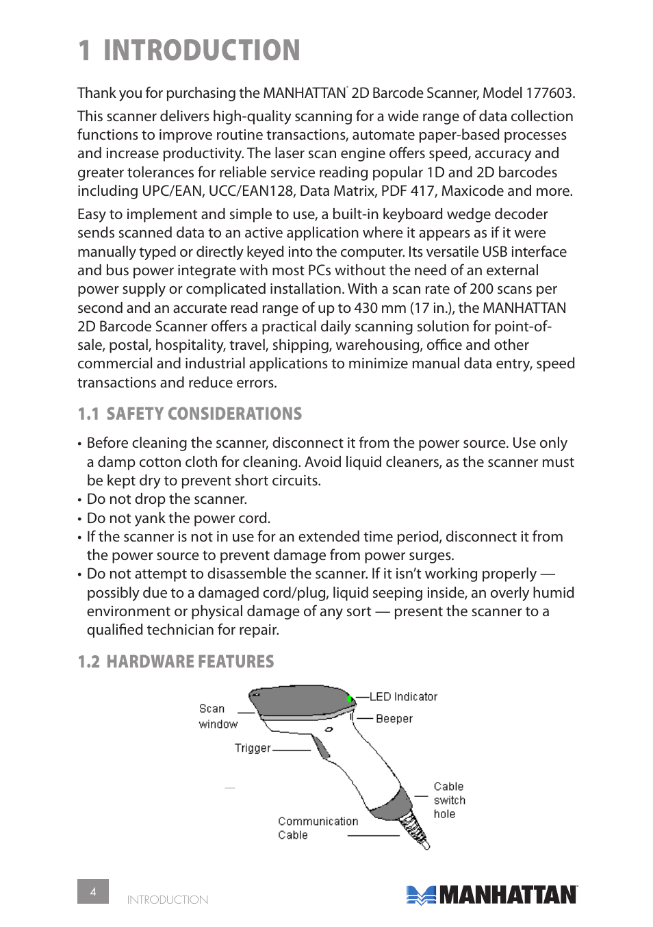 1 introduction, 1 safety considerations, 2 hardware features | Manhattan 177603 2D Barcode Scanner - Manual User Manual | Page 4 / 80